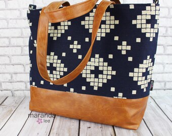 Extra Large Lulu Tote  -Indigo Navy Tiles and PU Leather Zipper Closure - READY to SHIP Overnight Diaper Bag Beach Dance Travel Bag