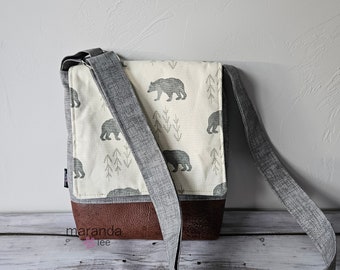 Bear Cub Messenger Bag – Faux Leather Flap, Adjustable Crossbody