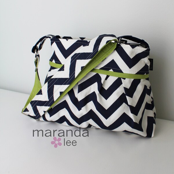 Stella Chevron Diaper Bag Medium Navy Chevron with Green- 6 pockets Adjustable Strap Attach to Stroller