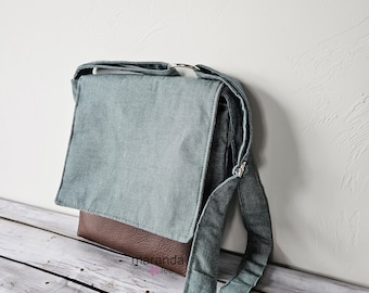 Nori Flap Messenger Teal Denim with Faux Leather - READY to SHIP iPad Bag with Adjustable Cross Body Strap