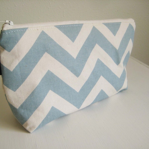 Zippered Clutch Wristlet Wallet Slate Blue Chevron size Large fits Wallet Makeup Diapers Wipes