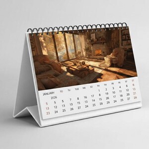 May include: A desk calendar for January 2026, showing a warm interior scene with a fireplace and large windows. The calendar is white with a spiral binding and a sturdy base, ideal for a desk or tabletop.