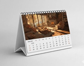 以下が含まれることがあります： 2026年1月の卓上カレンダー。暖炉と大きな窓のある居心地の良いインテリアシーンが特徴です。カレンダーは白で、スパイラル綴じと頑丈なベースが付いています。