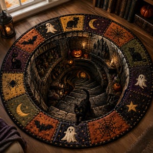 May include: A round rug featuring a 3D-effect illustration of a stone staircase descending into a dark cellar with a black cat, pumpkins, and candles. The border consists of square patches with motifs of ghosts, bats, spiders, moons, and cats.
