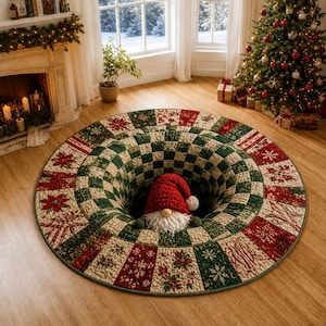 May include: A round Christmas tree skirt featuring a 3D optical illusion of a deep hole with a checkered pattern in shades of green and cream. The border displays red poinsettias and white snowflakes. A plush gnome with a red hat sits in the center.