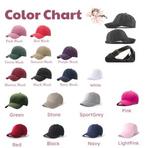 May include: A color chart displaying various baseball caps in multiple shades including pink, red, green, natural, purple, maroon, black, navy, white, stone, sport grey, and light pink. The caps feature both washed and solid color finishes.