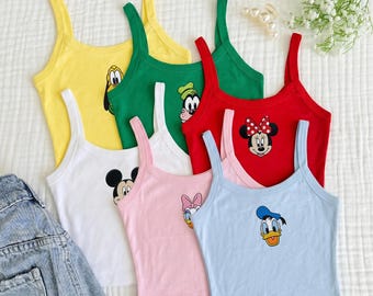 Disney Characters Embroidered Ribbed Tank Top,Mickey Minnie Daisy Donald Goofy Cartoon Minimal Chest Design, Cute Aesthetic Summer Women Top