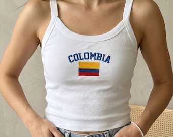 Colombia Flag Crop Tank Top Embroidered Ribbed ,Soccer Game Day Outfit,WorldCup Apparel,Pride Gift for Her,Women Fan Y2K Ribbed Cami