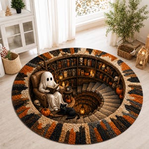 May include: A round area rug featuring a 3D-style illustration of a library with a spiral staircase, a ghost sitting in a brown armchair reading a book, and a black cat. The design includes orange pumpkins, skulls, candles, and books.