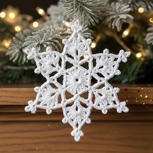 Peut inclure: Ornement en forme de flocon de neige blanc, crocheté avec un motif ajouré complexe. Suspendu par un fil argenté, il se détache sur des branches de conifères givrées et des lumières floues, créant une ambiance festive.