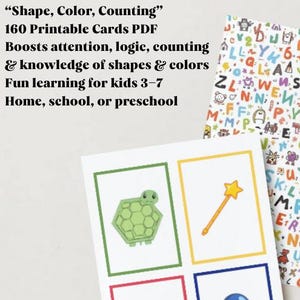 May include: Educational printable cards for kids aged 3-7. The cards focus on shapes, colors, and counting, with a turtle and a magic wand illustration. The cards are designed to boost attention and logic. The background features a colorful alphabet design.