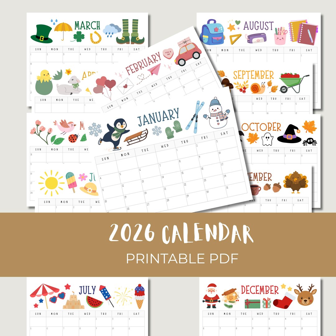 Printable PDF Kids 2026 Calendar | 12 Month Wall Calender for Children ...