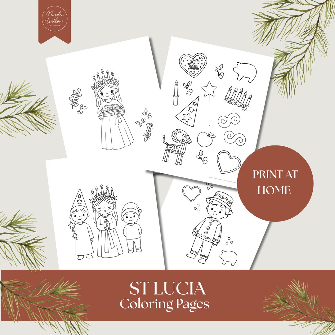 Swedish St Lucia Day Coloring Pages | Printable Scandi Hygge Christmas ...