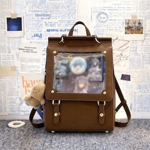 Może przedstawiać: Brązowy plecak ze sztucznej skóry z przezroczystym oknem z przodu. Torba ma górny uchwyt, regulowane paski i złote okucia. Z boku wisi mały, puszysty brelok w kształcie misia.