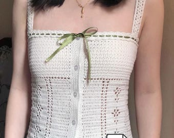 Haut caraco au crochet fait main, débardeur d'été en lin tencel blanc, haut court en dentelle de style vintage, caraco bohème avec noeud en ruban, haut au crochet personnalisé pour femme