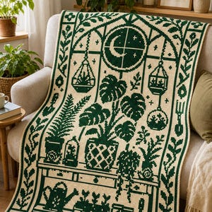 Botanical Filet Crochet Blanket Pattern PDF | Plant Shelf C2C Crochet Graphgan | Monstera Fern Houseplant Throw | Digital Download