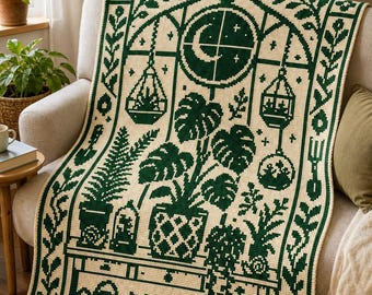 Botanical Filet Crochet Blanket Pattern PDF | Plant Shelf C2C Crochet Graphgan | Monstera Fern Houseplant Throw | Digital Download
