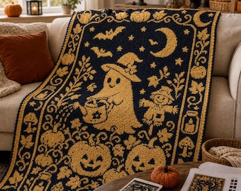 Cute Halloween Ghost C2C Crochet Blanket Pattern PDF, Pumpkin Graphghan Pattern, Kawaii Spooky Crochet Throw, Fall Decor, Instant Download