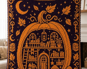 Witchy Library C2C Crochet Blanket Pattern, Book Lover Graphgan PDF, Cozy Autumn Corner to Corner Crochet Chart, Digital Download