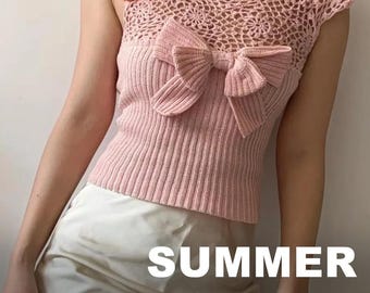Crochet Bow Top Pattern PDF, Pink Lace Openwork Design, Vintage Coquette Style Vest, Adjustable Size Digital Download Tutorial