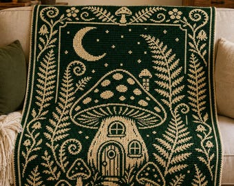 Mushroom House C2C Crochet Pattern, Fairy Cottage Graphgan, Fern Woodland Blanket, Cottagecore Crochet Chart, Written Instructions PDF
