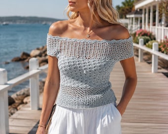 Haut au crochet à épaules dénudées, élégant chemisier d'été en dentelle Bardot, haut en maille fait main au point de coquille, caraco romantique bohème chic, cadeau au crochet personnalisé
