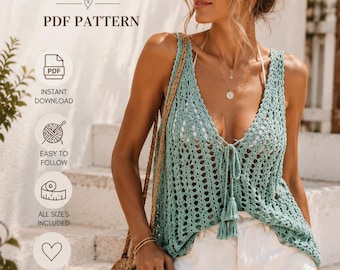 Patron de haut d'été au crochet PDF, diagramme de gilet pour festival bohème, caraco en dentelle pour vêtements de vacances à la plage, tenue pour le Memorial Day DIY, tutoriel