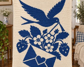 Swallow Love Letter C2C Crochet Pattern PDF, Bird Envelope Blanket Graphgan, Floral Cottagecore Afghan, Romantic Cross Stitch Style Chart