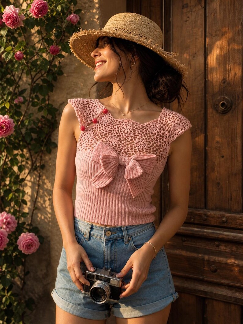 May include: A light pink knitted top with a bow detail and a straw hat. The top features a crochet neckline and is paired with denim shorts. A vintage camera is held in the hands.
