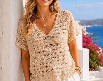 Patron de haut d'été au crochet PDF | Chemisier en dentelle à col en V | Facile pour les débutants | Chemise Boho Festival | Modèle numérique à téléchargement immédiat