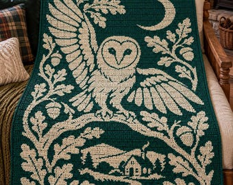 Owl Oak Moon Cottage C2C Crochet Pattern PDF, Woodland Owl Blanket Graphgan, Cottagecore Crochet Afghan, Forest Animal Pixel Chart