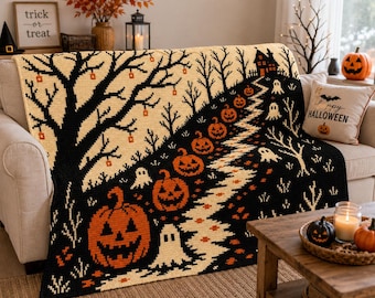 Halloween C2C Crochet Pattern, Pumpkin & Ghost Graphgan Blanket, Haunted House Crochet Chart, Corner to Corner PDF, Digital Download