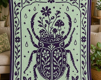 Botanical Beetle C2C Crochet Blanket Pattern PDF,Cottagecore Graphghan Pattern,Mushroom & Wildflower Crochet Throw,Nature Crochet Chart