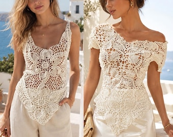 2 pcs haut d'été au crochet en dentelle PDF, tutoriel détaillé avec graphiques et photos, motif ananas ajouré, motif au crochet intermédiaire