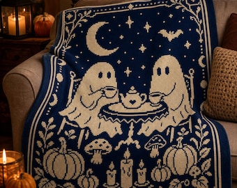 Ghost Tea Party Blanket, Halloween Pixel Art Throw, Navy Cream Knit Blanket, Cozy Gothic Fall Decor, Pumpkin Moon Bat Sofa Bed Throw