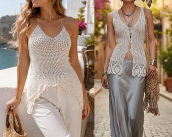 2 pièces modèle de haut au crochet d'été PDF, tutoriel vidéo sur la veste, veste au crochet à taille réglable, haut ajouré de style chinois, crochet intermédiaire