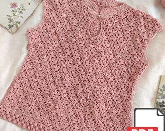 Haut d'été au crochet à col en V avec cordon de serrage à la taille, débardeur blanc à basque en dentelle bohème, chemisier au crochet sans manches fait main, haut cottagecore romantique