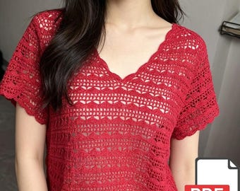 Patron de haut d'été au crochet PDF | Chemisier en dentelle à col en V | Facile pour les débutants | Chemise Boho Festival | Modèle numérique à téléchargement immédiat