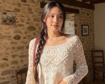 Tutoriel pour chemisier d'été en dentelle à manches longues avec motif floral bohème et au crochet, Memorial Day, haut court romantique à col carré, style festival DIY