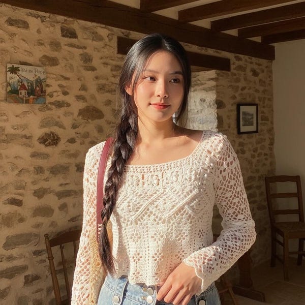 Memorial Day Boho Floral Motif Crochet Pattern PDF Long Sleeve Lace Summer Blouse Tutorial Romantic Square Neck Crop Top Festival Style DIY