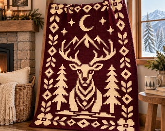 Deer Antler C2C Crochet Pattern, Rustic Deer Blanket Graphgan PDF, Woodland Forest Afghan Pattern, Corner to Corner Crochet Download
