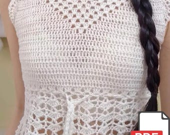 Haut d'été au crochet à col en V avec cordon de serrage à la taille, débardeur blanc à basque en dentelle bohème, chemisier au crochet sans manches fait main, haut cottagecore romantique