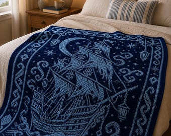 Nautical C2C Crochet Blanket Pattern, Sailboat Lighthouse Ocean Graphgan PDF, Corner to Corner Crochet Chart, Coastal Digital Download