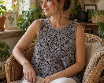 Top au crochet bohème sexy en PDF - Tutoriel sur la veste de festival vert sauge - Top estival en dentelle ajourée - Modèle au crochet moderne avec ourlet fendu