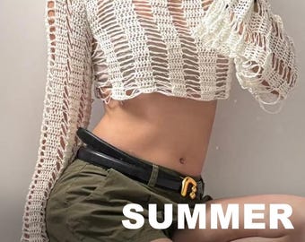 CROCHET PATTERN Easy Mesh Shrug Top Pattern Crochet Sweater Long Sleeve Pullover Pattern Cute Crochet Crop Top Instant Digital Download PDF