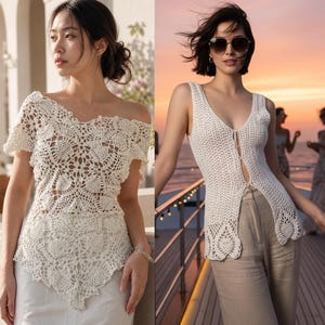 May include: Two women wearing cream-colored crochet tops. One top is off-the-shoulder with short sleeves, and the other is a sleeveless, V-neck style with a front tie. Both tops feature intricate floral patterns, showcasing a bohemian aesthetic.