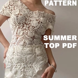 Top de verano de encaje a crochet en PDF, tutorial detallado con diagramas y fotos, diseño de piña calada, patrón de crochet de nivel intermedio.