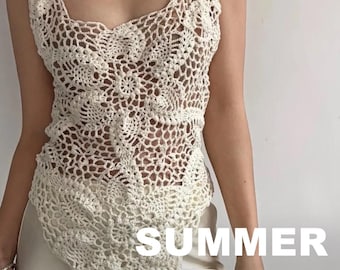 Crochet Summer Top Pattern PDF, Openwork Lace Camisole Tutorial, Boho Style Floral Crochet Tank Top,Adjustable Size