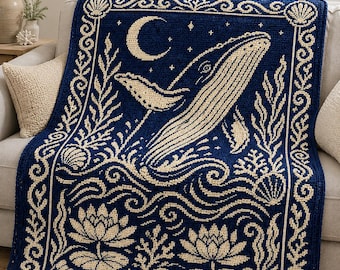 Whale C2C Crochet Pattern, Moon & Lotus Graphgan Blanket, Ocean Crochet Chart, Corner to Corner Crochet PDF, Digital Download