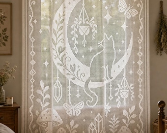 Moon Cat Filet Crochet Pattern PDF, Crochet Blanket Pattern, Witchcore Woodland Throw, Crochet Graph Chart, Instant Download